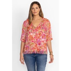 Jade Johnny Was Marcia‎ Ruffle Blouse Silk V Neck Puff Sleeve Floral Pink Large